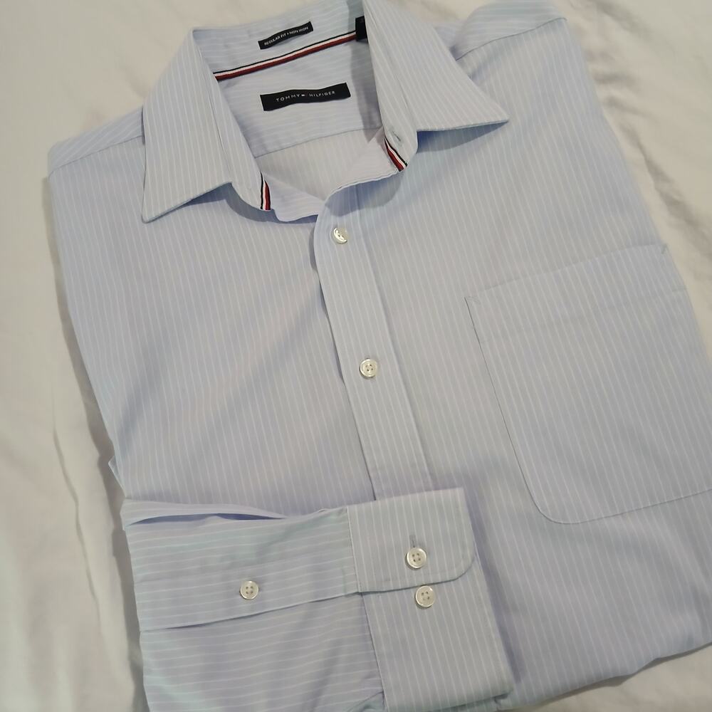 Tommy Hilfiger LS blue and white stripe button-up shirt 100% cotton 16 32/33